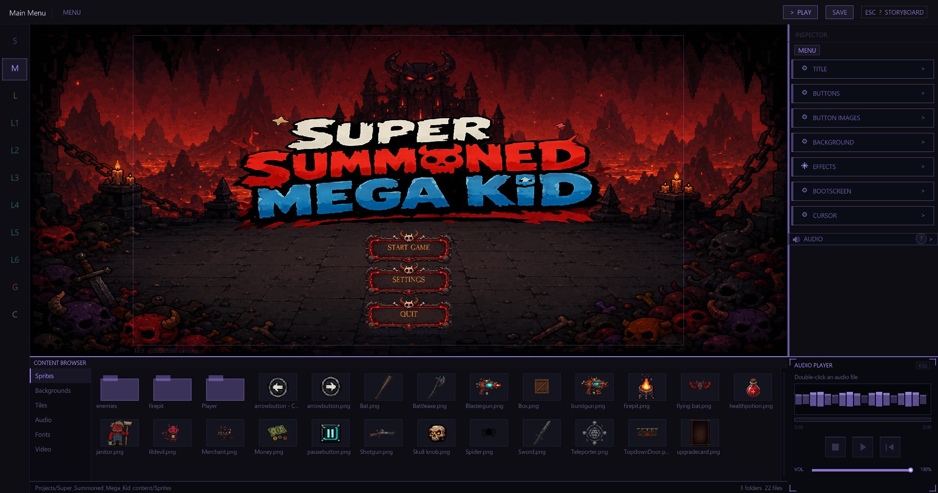 Super Summoned Mega Kid — title screen open in the Neon Engine editor