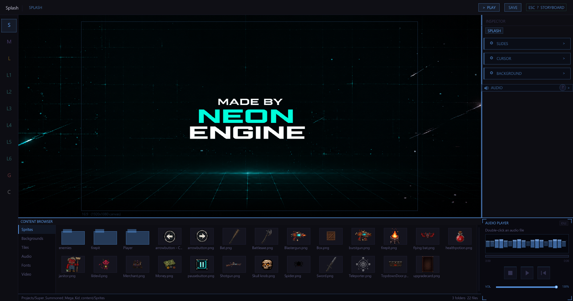 Made By Neon Engine splash scene open in the editor
