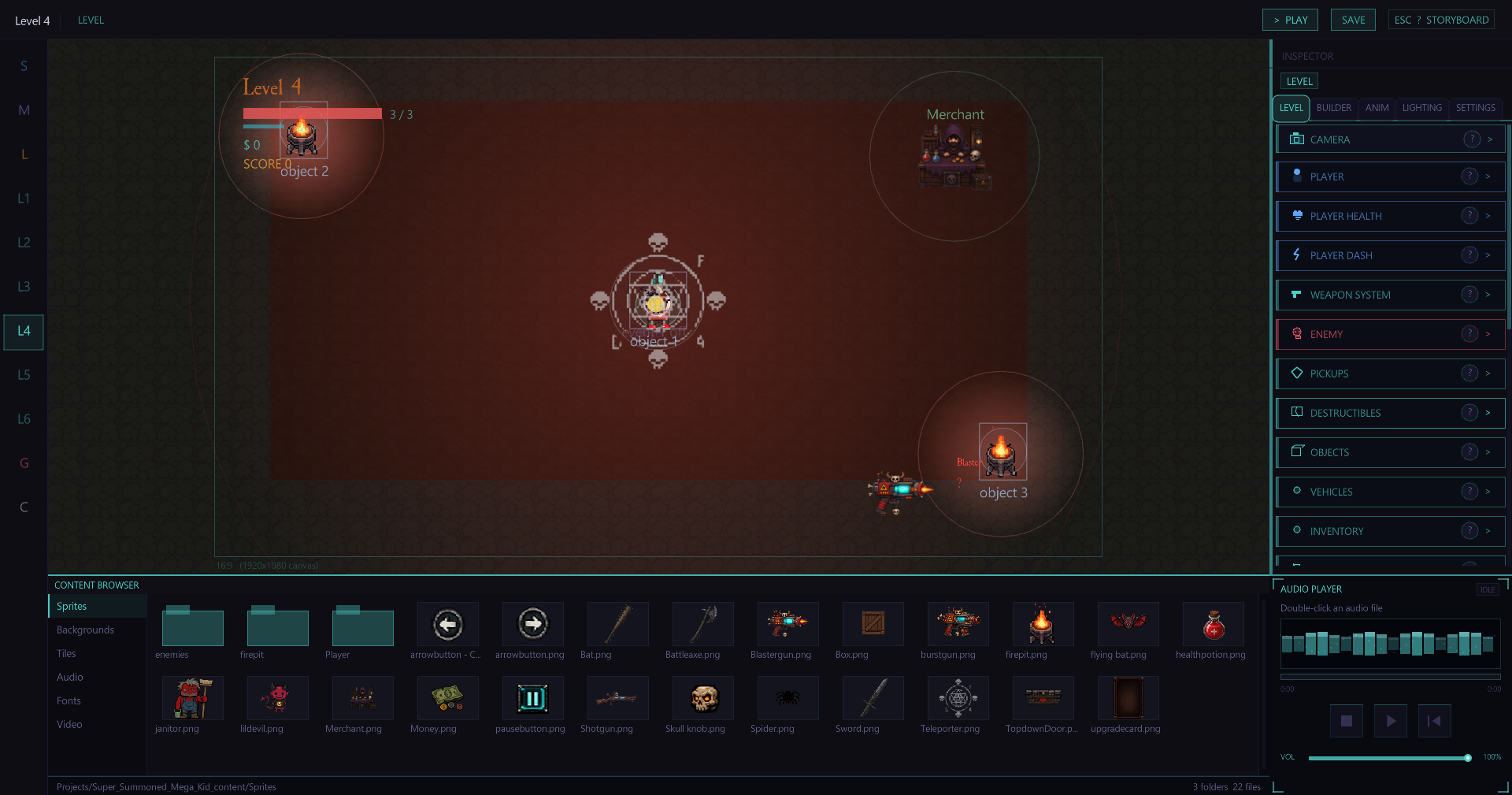 Level editor — boss fight with dynamic lighting